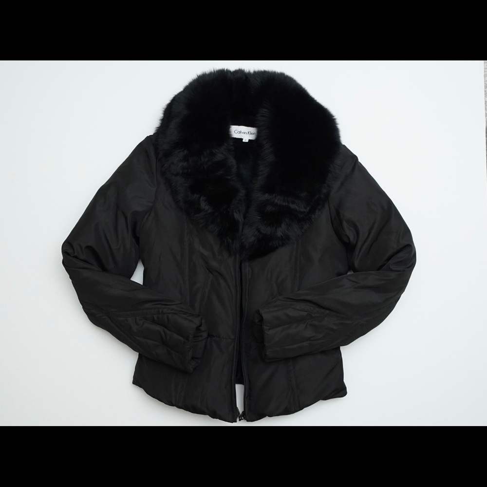 Calvin Klein black down feather puffer coat with authentic fox fur trim